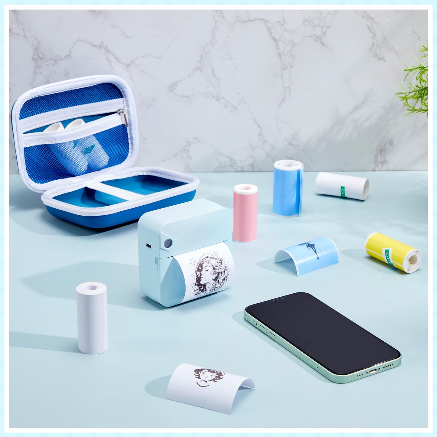 Relaxweex Portable Label Maker Machine with Tape Thermal Label Printer Wireless Mini Sticker Printer with 12 Rolls Tape for Notes Journal Memo Photo Study (Blue)