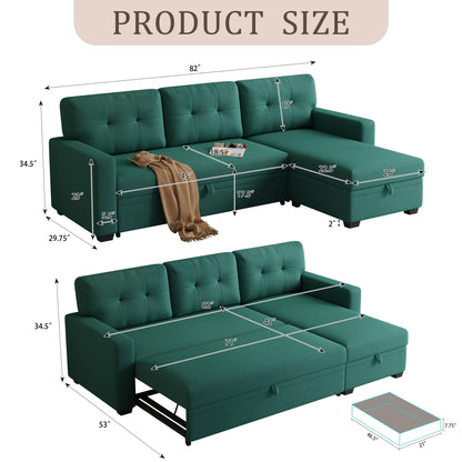 KTATK 82" L-Shape Convertible Sectional Sofa with Storage Chaise and Pull-Out Bed,Modular Corner Couch Lounge,W/Removable Back Cushions & Armrest,for Home Furniture,Green