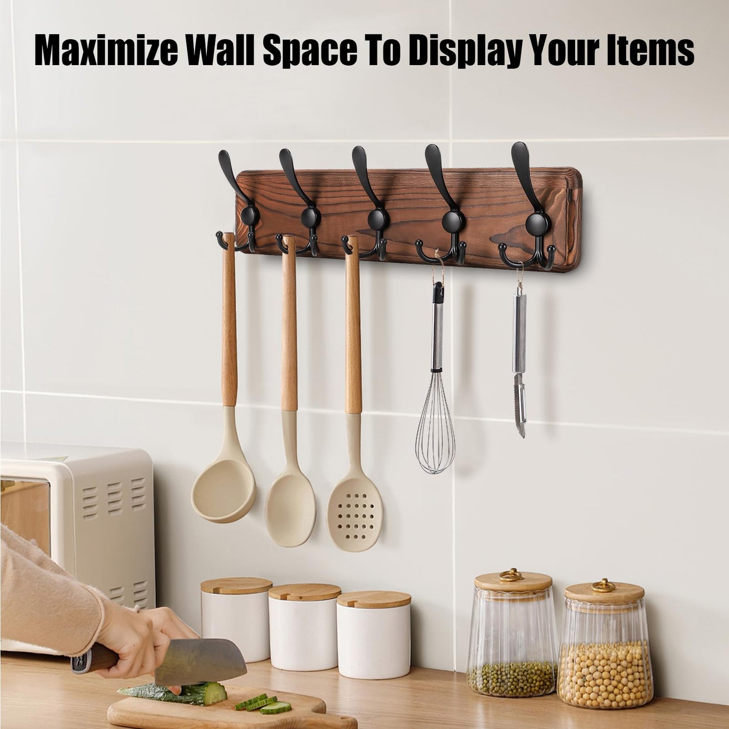 Gohiuo Rustic Wall Mount Coat Rack, Coat Hooks Wall Mount Wood Coat Rack with 5 Triple Hooks, Heavy Duty Wooden Wall Mounted Coat Hanger for Entryway, Farmhouse Hanging Coats, Hats, Bags,Towels