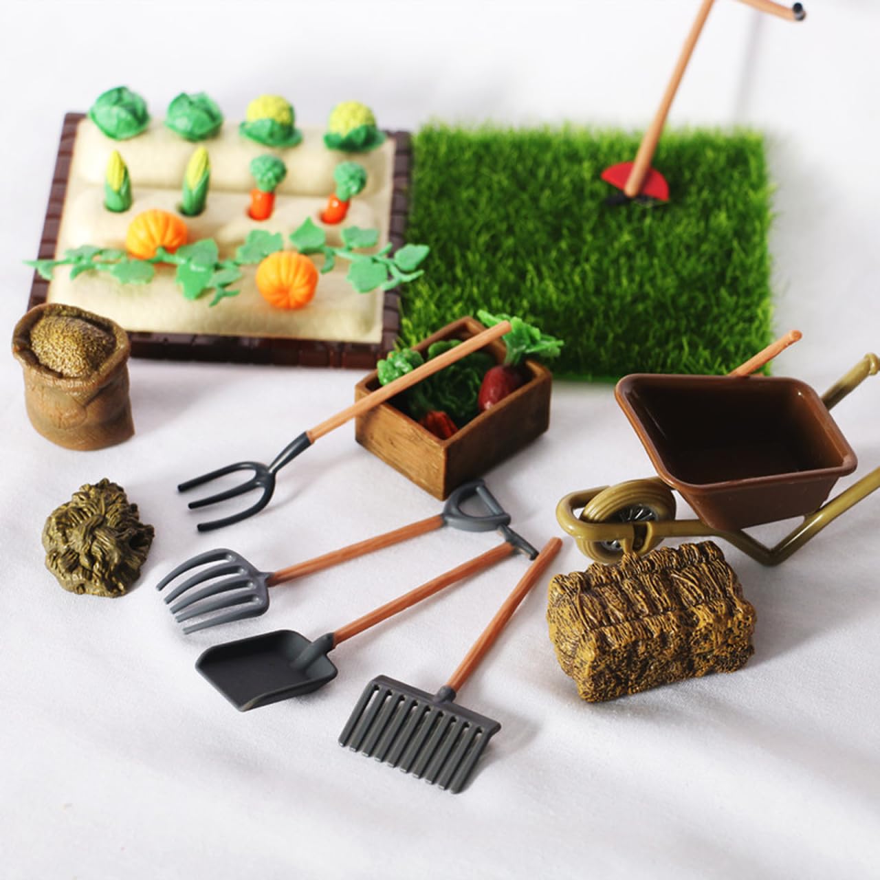 NUOBESTY Mini Shovel Rake Farm Model Kit Vegetable Figurines Mini Garden Tools Dollhouse Decorations Miniature Field Scene Landscape Outdoor Small Ornament Resin 1 Set