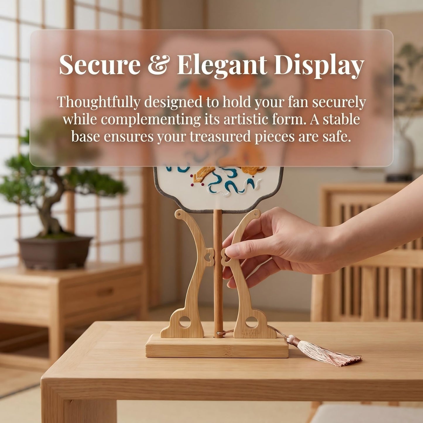 QIZUOLIFE Bamboo Fan Display Stand, Sturdy Holder for Chinese Tuan Shan, Embroidery Round Fan, Elegant Desktop Decor Stand