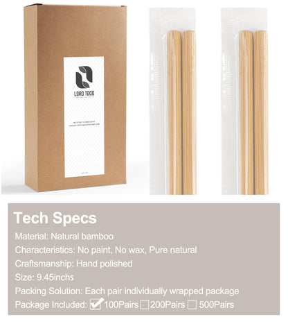 LOROTOCO 100Pairs Bamboo Chopsticks Disposable | Individually Wrapped | Bulk | Separated | Round | Premium Quality-（9.45in)