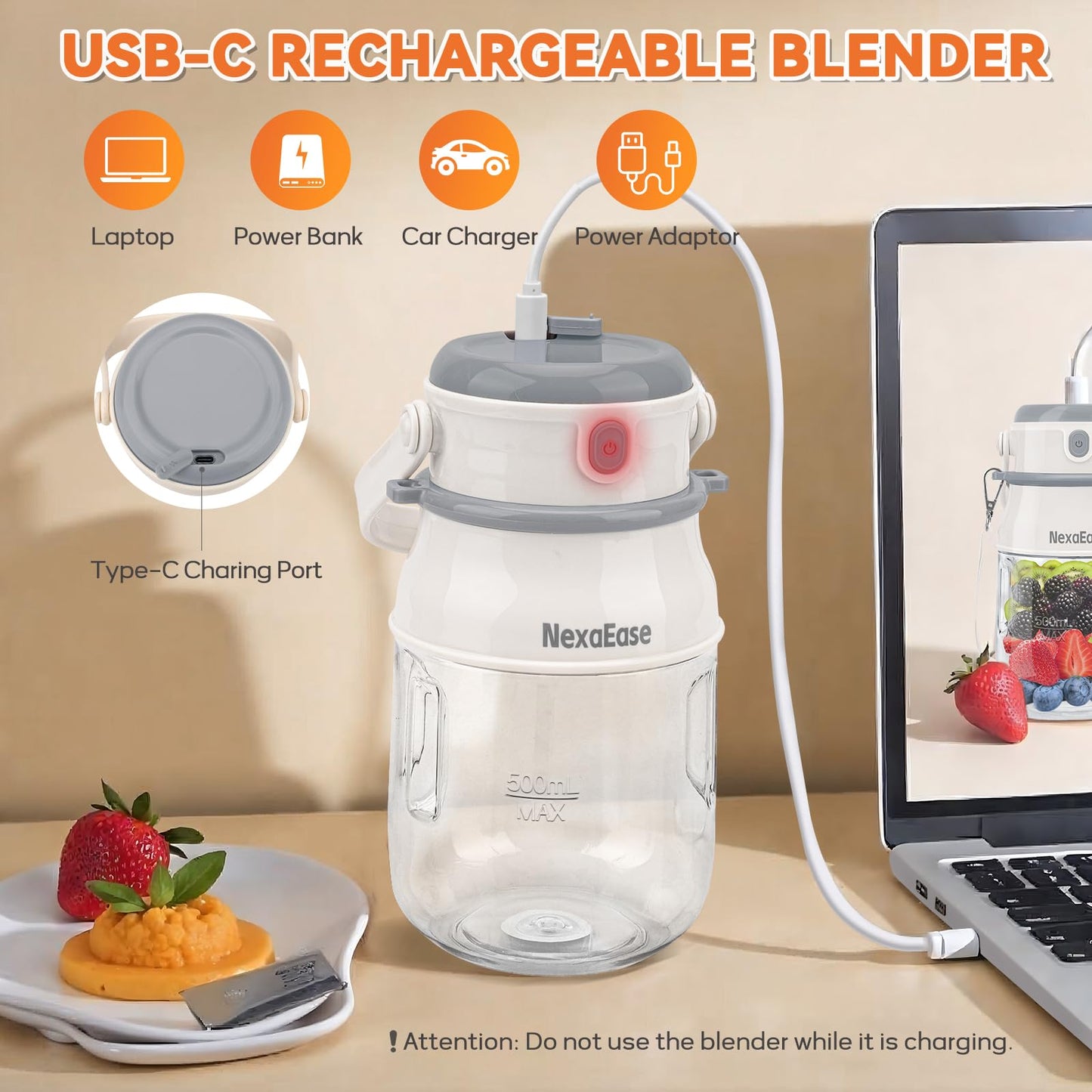 Portable Blender Personal Juicer for Shakes and Smoothies - 20 OZ Electric Protein Shaker Bottle with Insulated Sleeve, Travel Lid, USB-C Rechargeable - Mini Small Blender Cup for Kitchen, Office, Gym