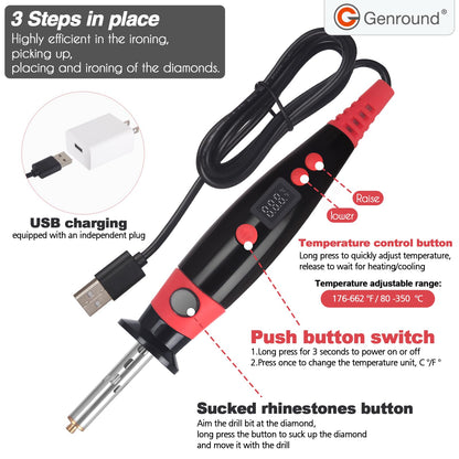 Genround Hotfix Rhinestone Setter, LCD Display Hotfix Applicator Tool Bedazzler Kit with Rhinestones Hot Fixed Wand for Clothes Clothing Fabric Crafts 6000pcs AB Crystal Clear 3 Gems Sizes Tips