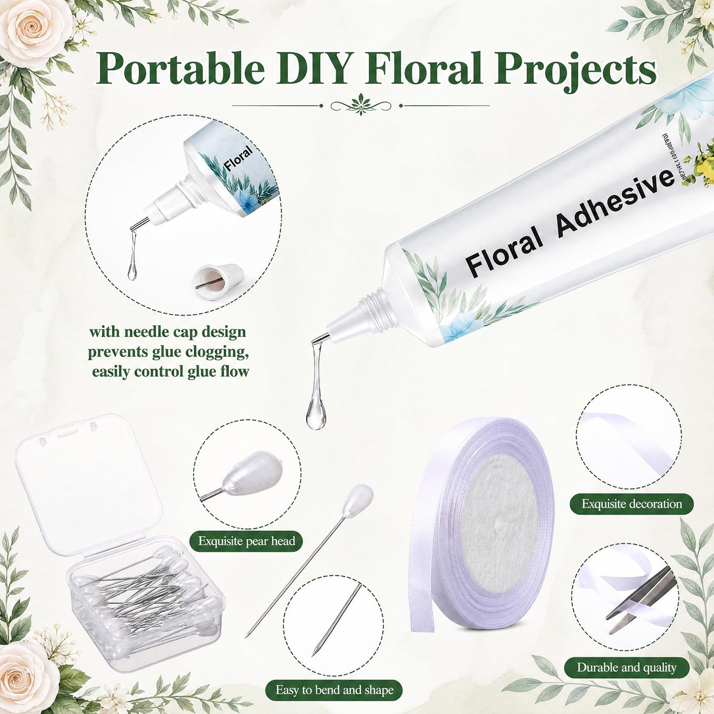 Poola Voidra Floral Arrangement Tools Floral Tape Wire Set Adhesive Glues Boutonniere Flower Pin Stem Cutter Elastic Pearl Wrist Corsage Band White Ribbon Kit for Wedding Corsage Supply Bouquet Craft