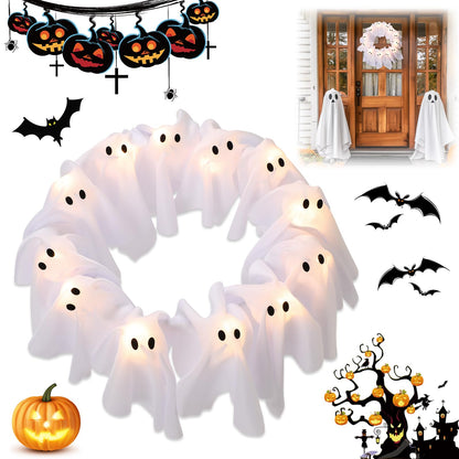 LED Light-Up Halloween Ghost Wreath, 12 Glowing White Ghost Garland, Halloween Ghost Wreath, Spooky Indoor & Outdoor Hanging Decoration for Front Door, Wall, Party