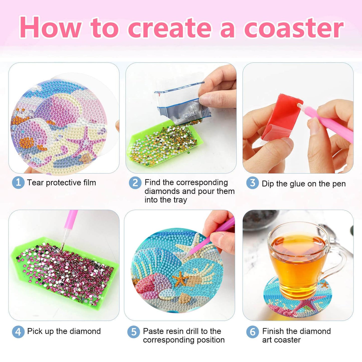 8 Pcs Beach Diamond Art Coasters with Cork Pads, 5D Shell Diamond Painting Coasters, Non Slip Diamond Art Kits for Adults-Crafts Supplies for Gift