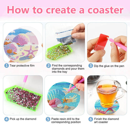 8 Pcs Beach Diamond Art Coasters with Cork Pads, 5D Shell Diamond Painting Coasters, Non Slip Diamond Art Kits for Adults-Crafts Supplies for Gift