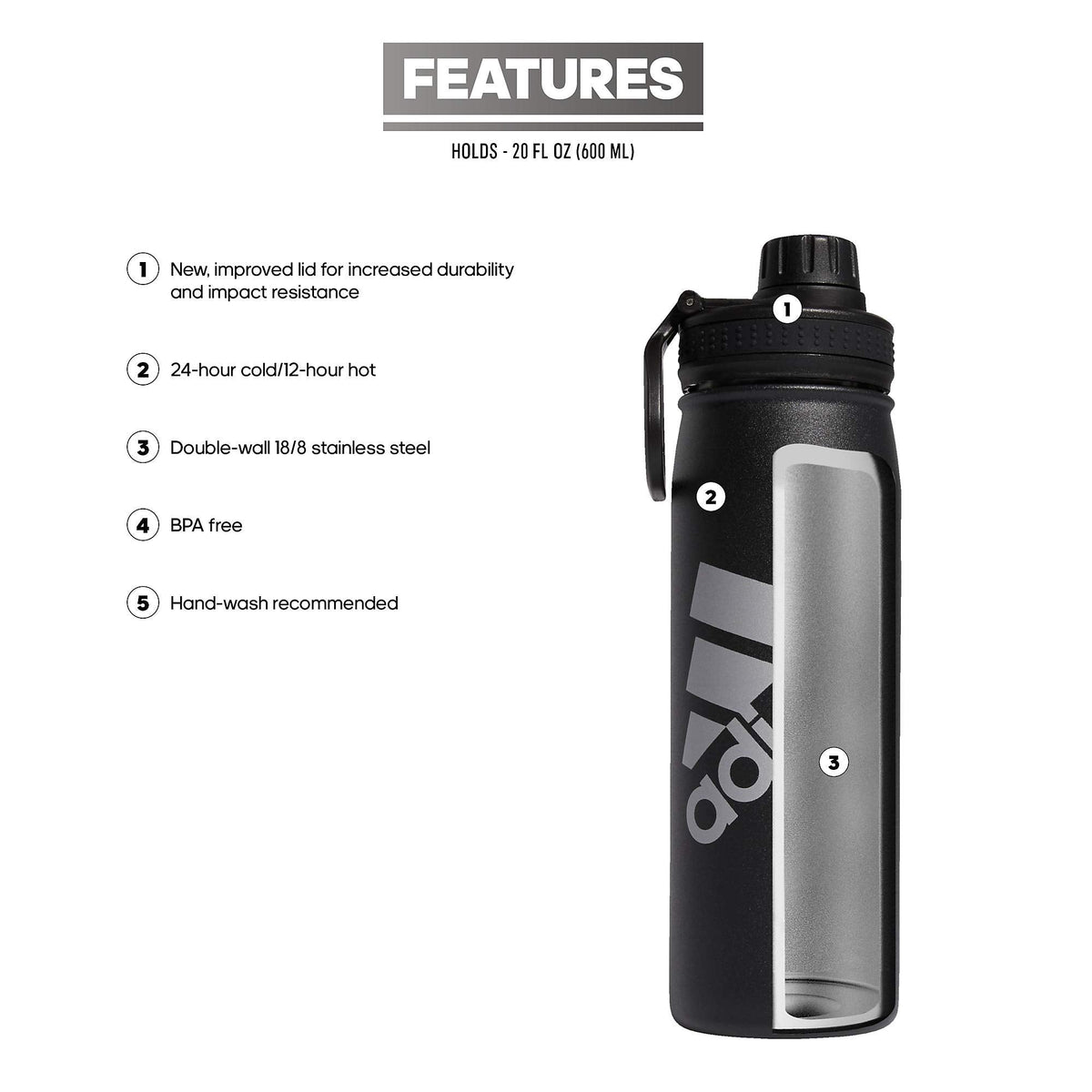 adidas 600 ML (20 oz) Metal Water Bottle, Hot/Cold Double-Walled Insulated 18/8 Stainless Steel, Black/Silver Metallic, One Size