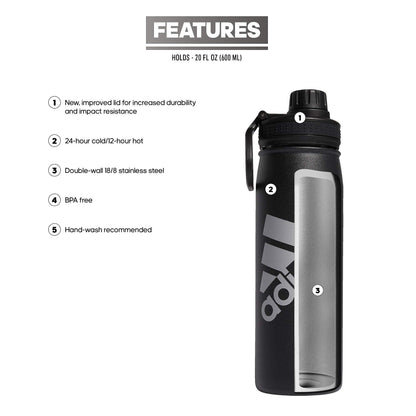 adidas 600 ML (20 oz) Metal Water Bottle, Hot/Cold Double-Walled Insulated 18/8 Stainless Steel, Black/Silver Metallic, One Size