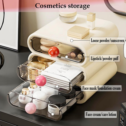 MavHubrix 3-Tier Drawer Makeup Organizer for Vanity Small Desk - Non-Stackable Clear Front Cosmetic Storage Holder for Bathroom Counter & Office Desktop -7.9x7.5x7.3in (Cream White)