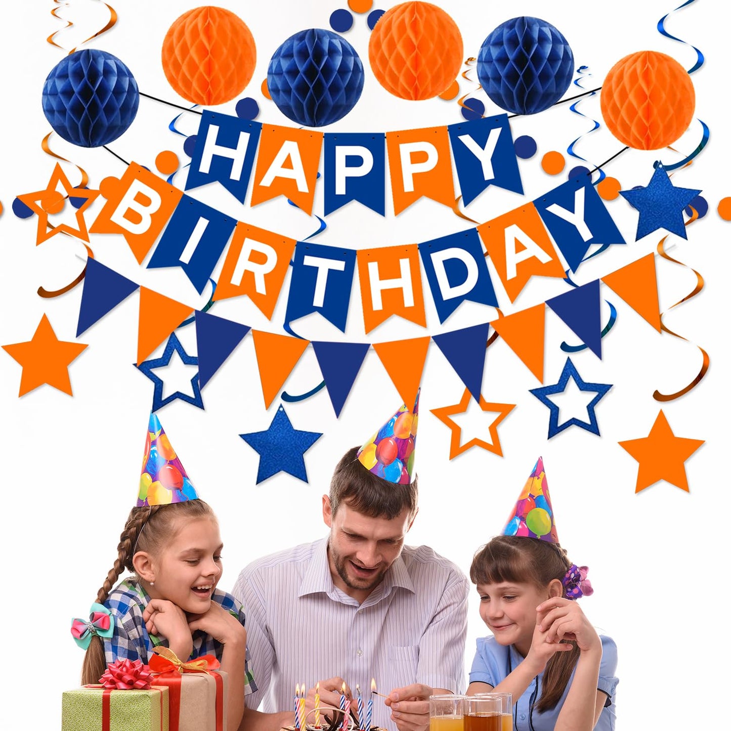 WODEMAYAA Blue & Orange Birthday Party Decorations - Happy Birthday Banner, Honeycomb Balls, Swirls, Circle Dot Garland, Triangle Flags Bunting