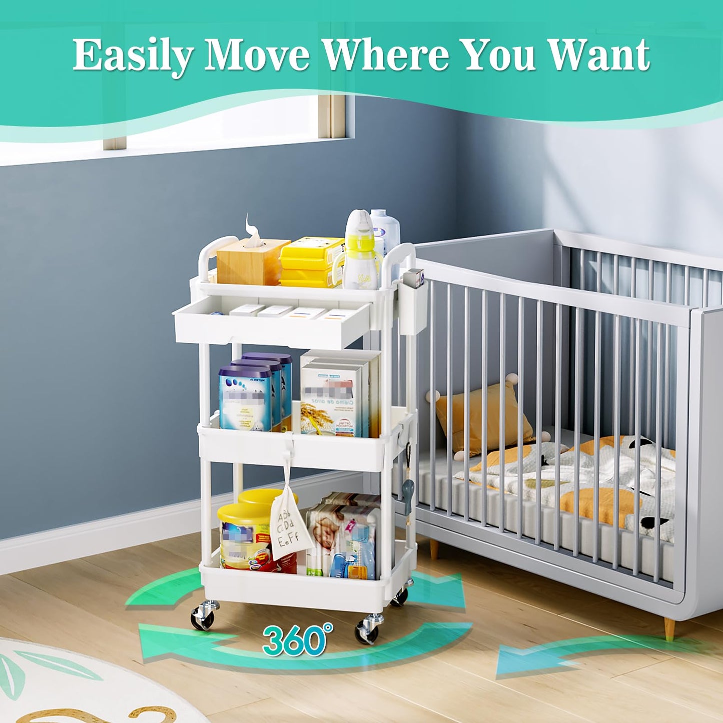 SUNALLY 3 Tier Rolling Cart with Drawer, Bathroom Storage Organizer with 2 Lockable Wheels, Multifunctional Rolling Storage Cart for Bathroom, Kitchen, Office, Craft, Makeup, Baby Essentials, White