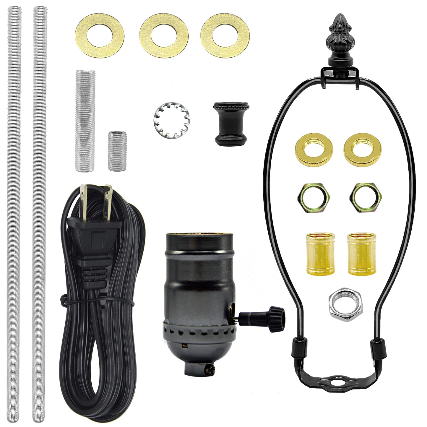 ECUDIS Table Lamp Wiring Kit with 8 Inch Harp, 3-Way Socket 2 Pieces 12" Lamp Pipe, with Instructions for DIY Lamp Design or Repair (Black)
