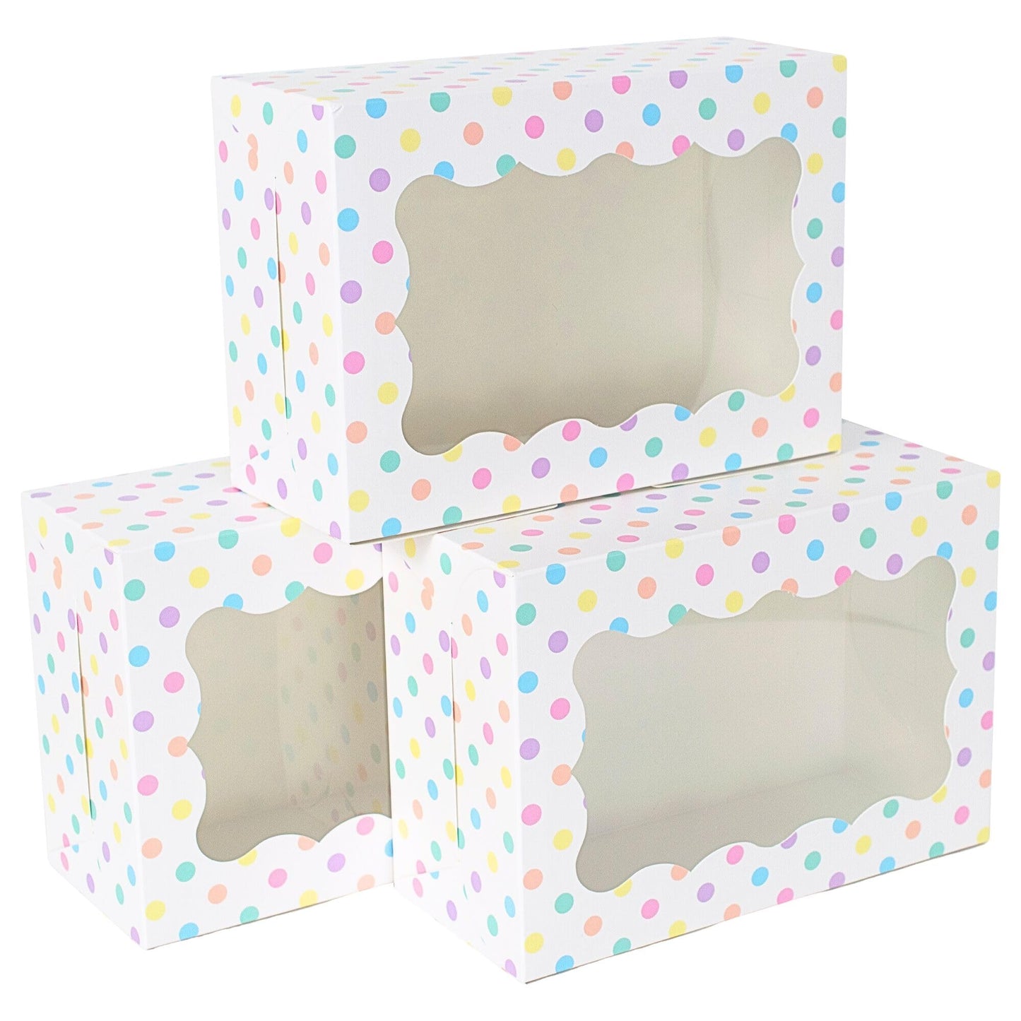 Perfect Occasion Polka Dot Cookie Boxes - 12 Pack - Pastel Polka Dot Cookie Boxes with Window - for Easter, Birthdays, Cupcakes, Pastries - Large Size Easily Fits a Dozen Cookies - 12 pcs