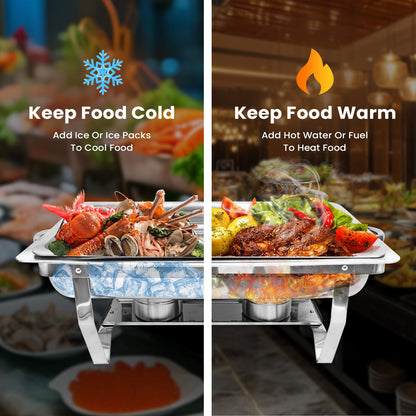 POWERFUEL Chafing Dishes for Buffet, 4 Pack 9QT Rectangular Stainless Steel Chafing Dishes Set with with 4 Serving Tongs, Serving Tray, Water Pan, Stand, Fuel Holder for Party, Gathering, Wedding