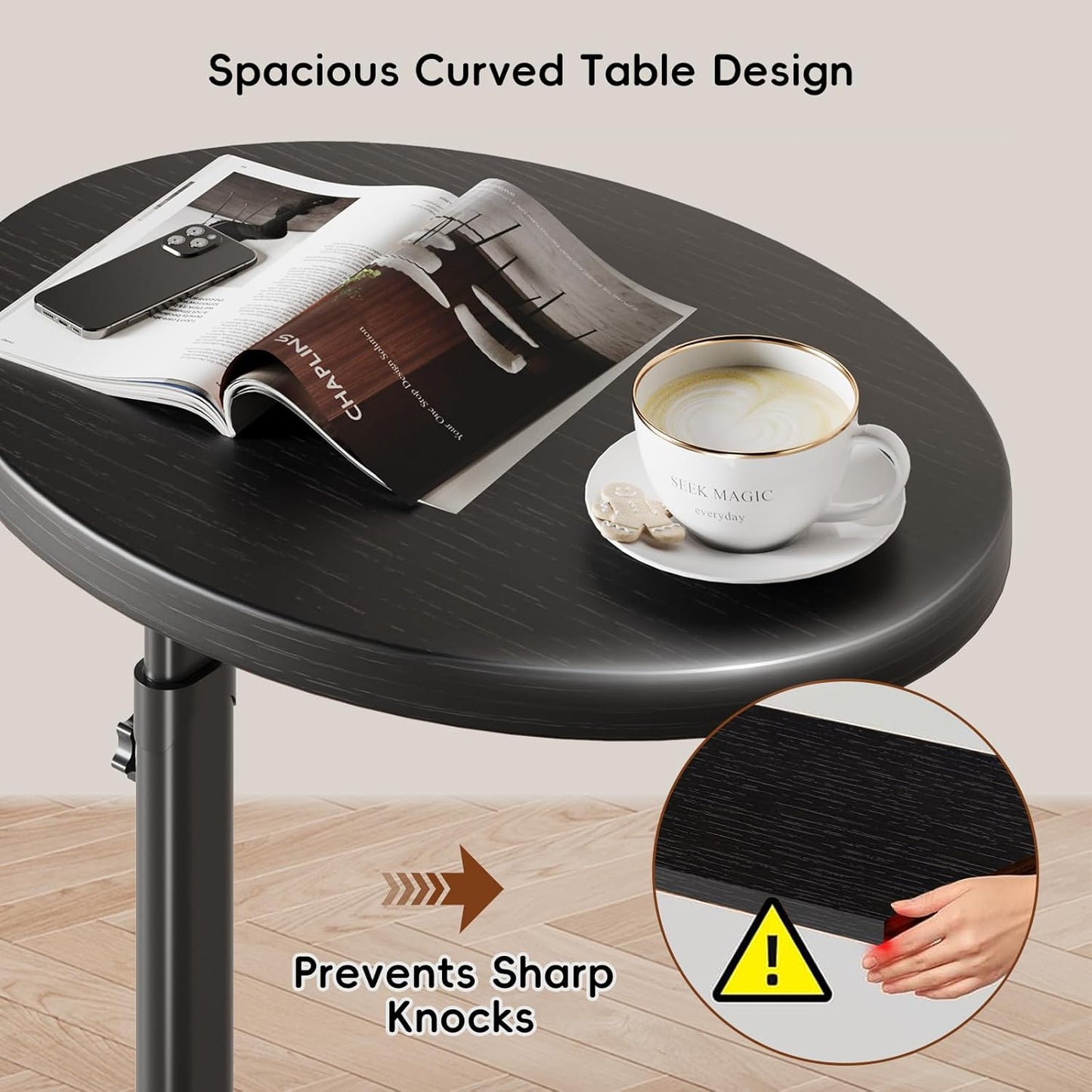TV Tray Table with Infinite Adjustable Height - C-Shaped Sofa End Side Table for Snack Laptop Desk Small Spaces (Black)