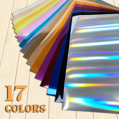 ROFISUE Sheet Metallic Foil Heat Transfer Vinyl Bundle – 12"x10"-17 Chrome HTV Pack in 17 Vibrant Colors for Stunning T-Shirt Designs! Perfect for DIY Enthusiasts and Professionals (Multicolours)
