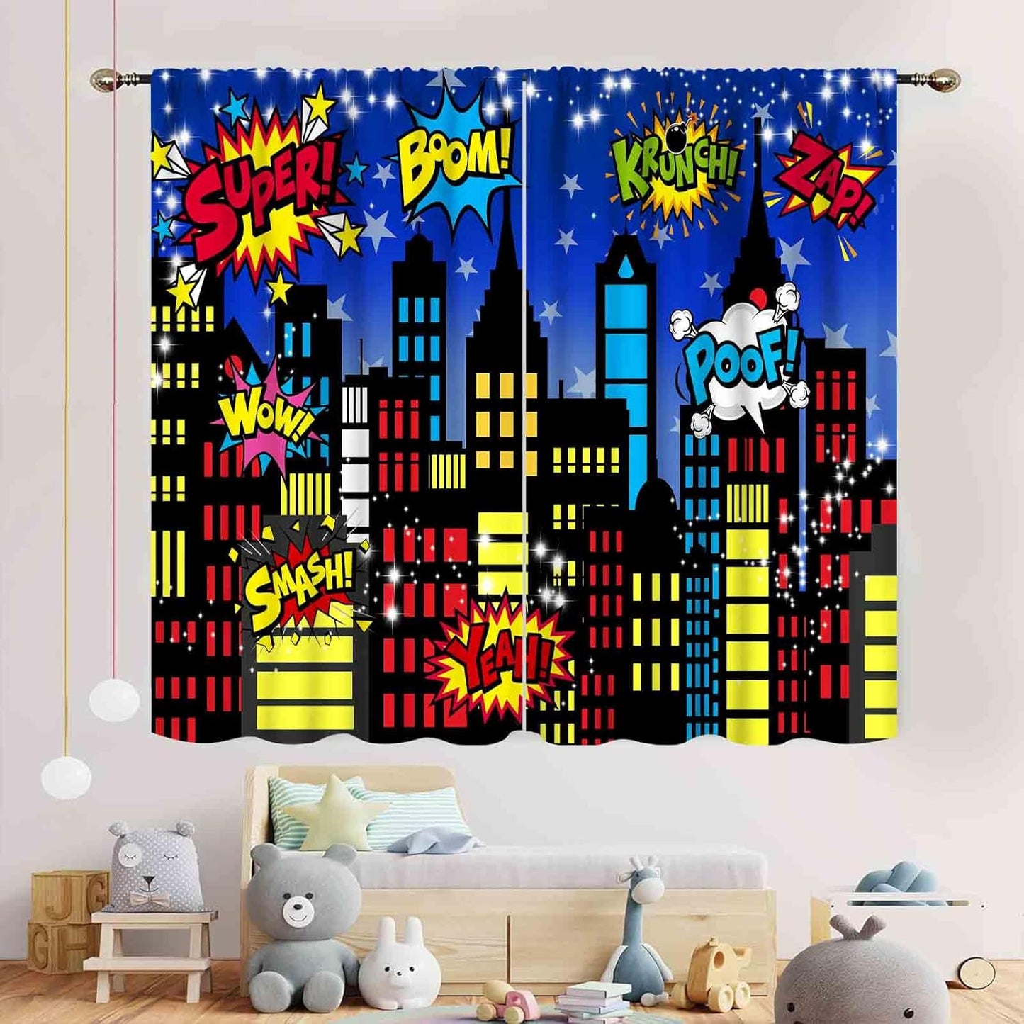 TKUYO 2 Sets, 42"x63" Inch Superhero City Curtains, Comic Night Starry Skyline Cityscape Buildings Comic Blackout