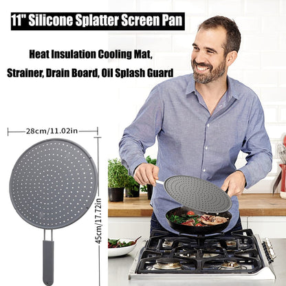 Silicone Splatter Screen Pan Cover 11", Heat Insulation Cooling Mat, Strainer, Drain Board, Oil Splash Guard for Frying Pan, Non-Stick, Heat Resistant Universal Pan Cover