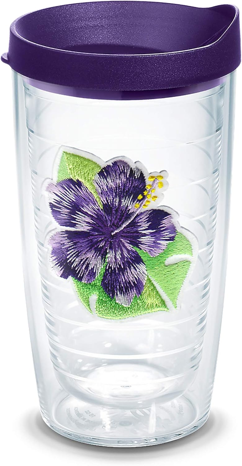 Tervis Tropical Hibiscus Collection Double Walled Insulated Tumbler, 16oz Travel Cup, Keeps Drinks Cold & Hot, Purple