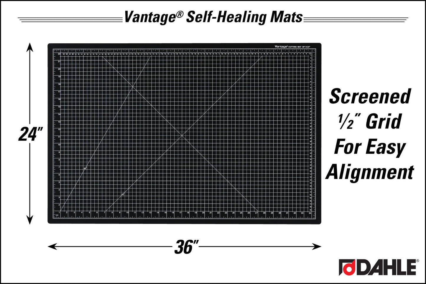 Dahle Vantage 10673 Premium Self-Healing Cutting Mat, 24"x36", 1/2" Grid, 5 Layers for Max Healing, Perfect for Crafts & Sewing, Black