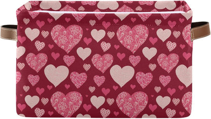 Happy Valentine's Day Storage Basket, Fabric Kitchen Bins in Pink Purple Love Heart, Foldable Organizer Bag, 16×12×8