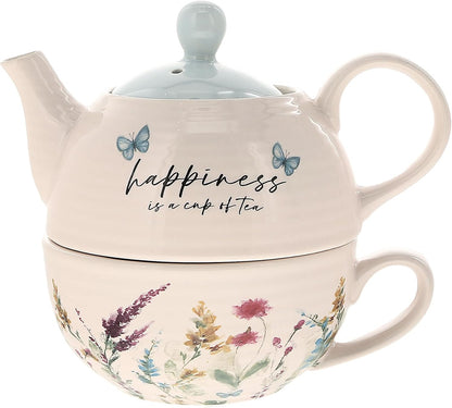 14.5 oz Set, Set, Summer 1 Count, Pavilion Gift Company - Happiness Ceramic Teapot and Tea Cup Watercolor Floral Tea