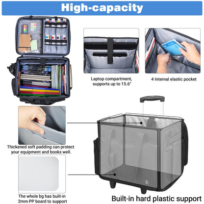 Timoxi Rolling Teacher Bag Built-in Hard Support Board, Rolling Briefcase with Detachable Trolley, Rolling bag with Laptop compartment, Adjustable Shoulder Strap, and Ample Storage Space