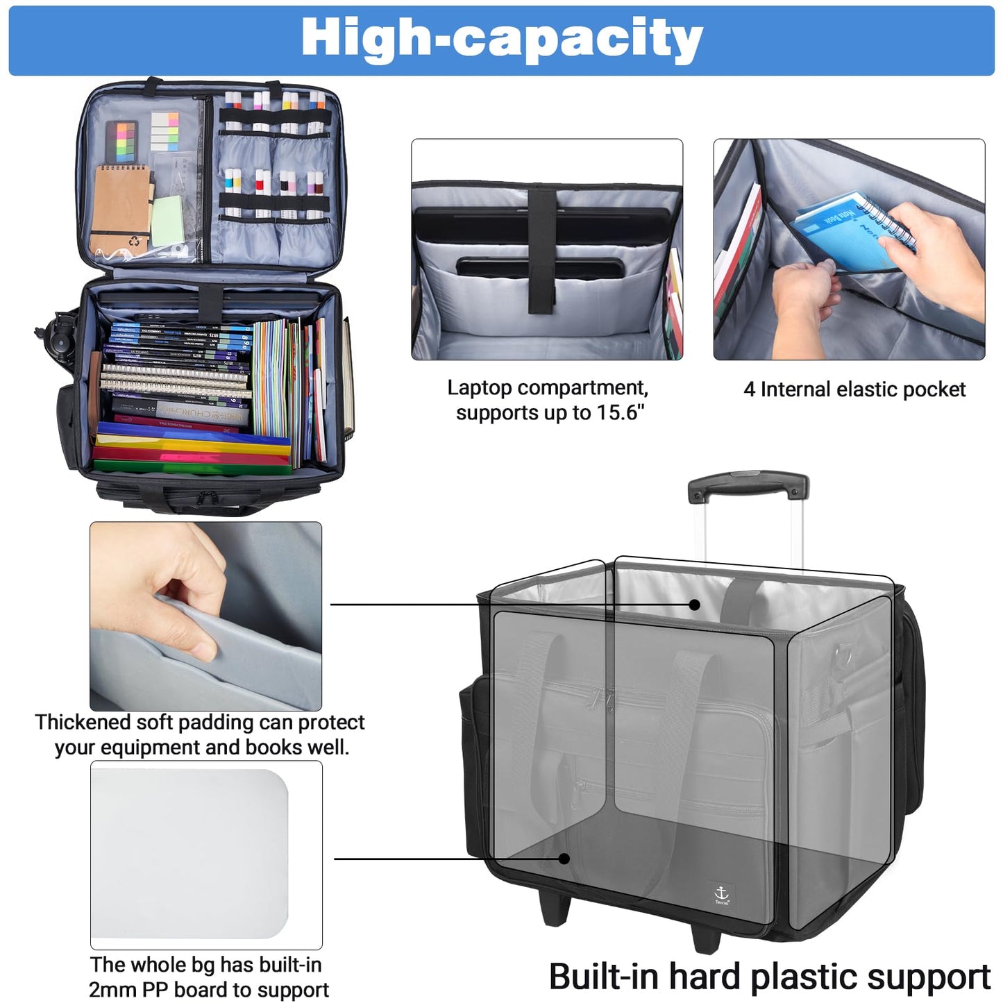 Timoxi Rolling Teacher Bag Built-in Hard Support Board, Rolling Briefcase with Detachable Trolley, Rolling bag with Laptop compartment, Adjustable Shoulder Strap, and Ample Storage Space