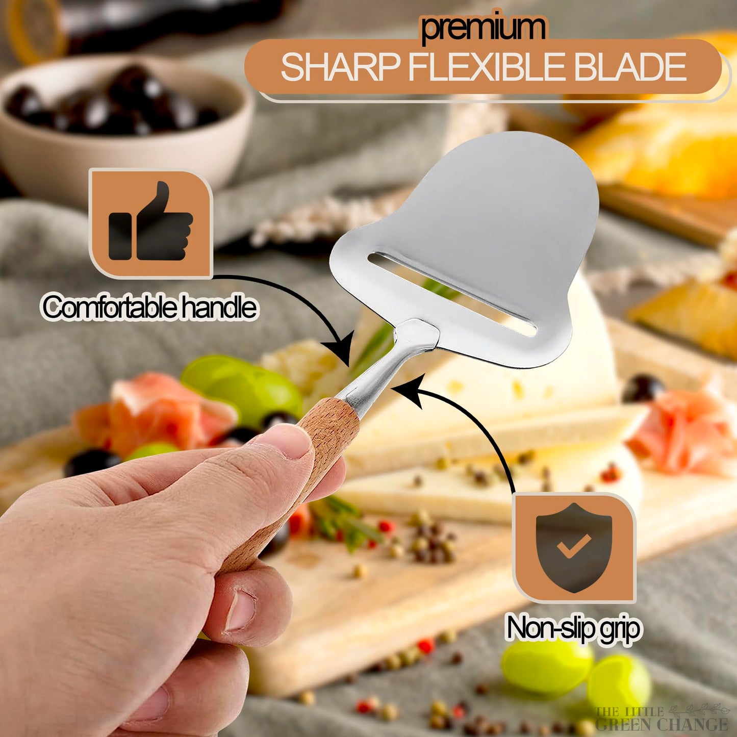 Stainless Steel Cheese Slicer Handheld - Flexible Blade Cheese Planer with Wooden Handle for Smooth, Precise Slicing —Durable, Easy-to-Clean Cutter for Block and Hard Dairy | Easy Slicing and Cutting
