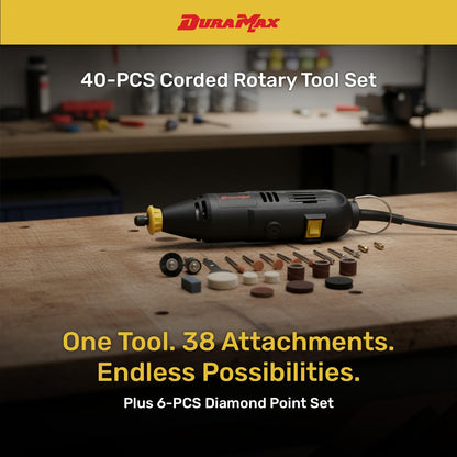 DURAMAX Rotary Tool Kit, 40 Pieces, Variable Speed 8000-30000 RPM, 120V, with 6-PCS Diamond Point Set, Carry Case