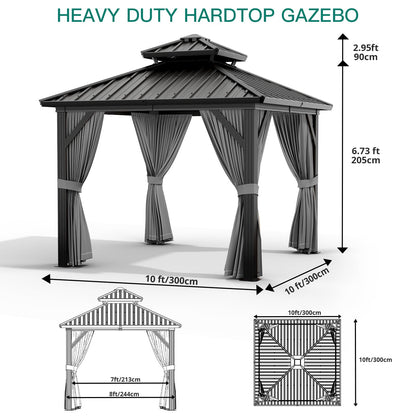 GarveeLife 10x10 ft Double Roof Hardtop Gazebo, Heavy Duty Galvanised Steel Hardtop Pavilion with Nettings and Curtains, Aluminum Gazebo for Patio, Terrace, Lawn and Deck, Grey