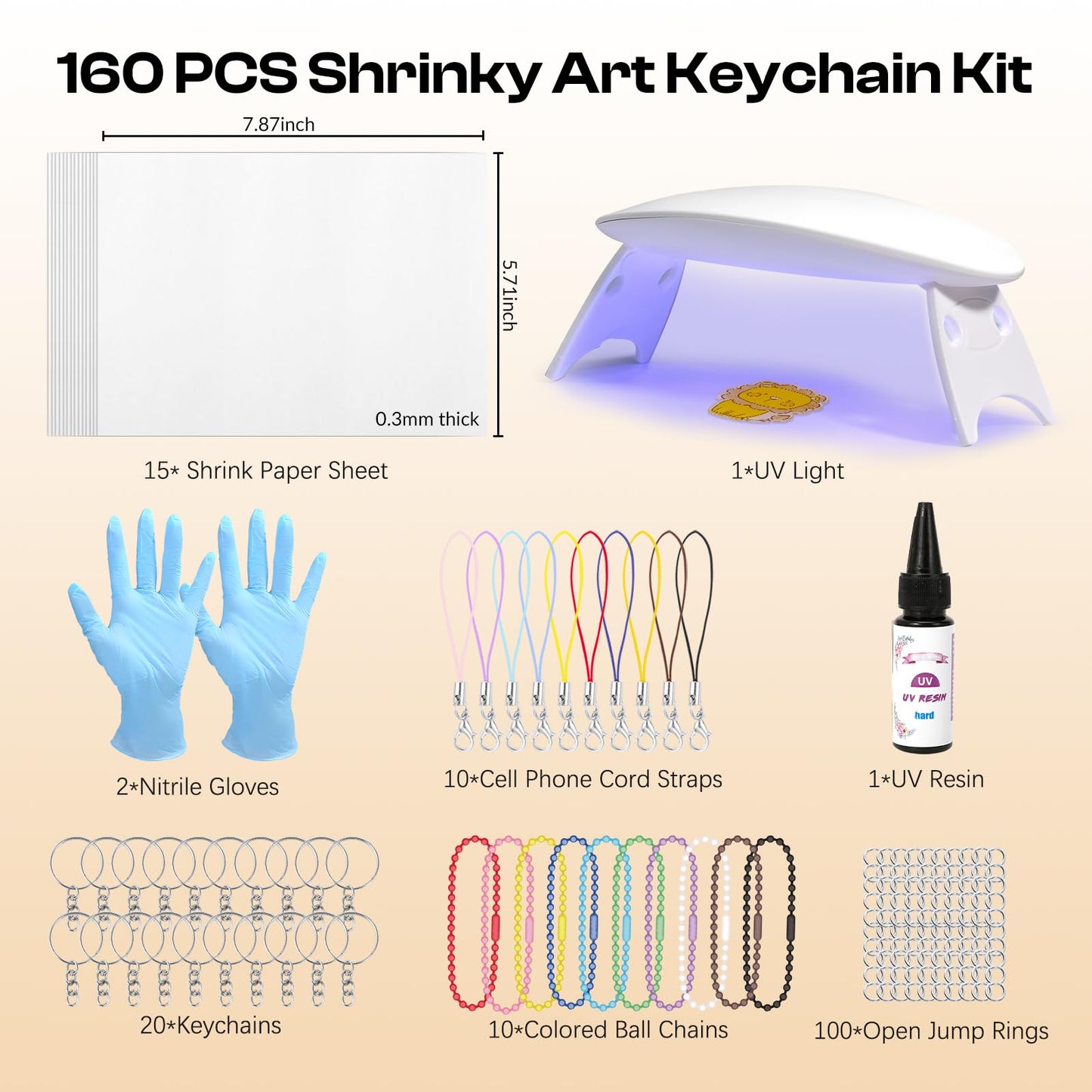 Csyidio 160PCS Shrink Plastic Sheet Kit with 15PCS Shrink Papers, UV Resin, UV Lamp and Keychains Accessories for Kids Craft Ornaments, DIY Key Chains & Christmas Decor