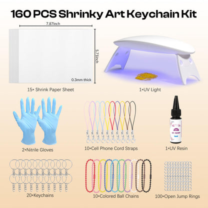 Csyidio 160PCS Shrink Plastic Sheet Kit with 15PCS Shrink Papers, UV Resin, UV Lamp and Keychains Accessories for Kids Craft Ornaments, DIY Key Chains & Christmas Decor