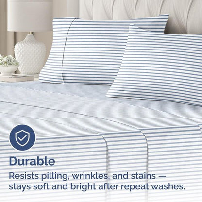 King Pillow Cases by [Brand Name] - Ultra Soft Hotel Quality Covers | 4-Piece Set in Blue Stripes - Wrinkle Free & Fade Resistant