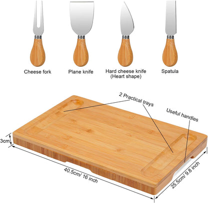 Bamboo Cheese Board and Knife Set, Wood Charcuterie Platter with Slid-Out Drawer for Wine, Meat & Crackers