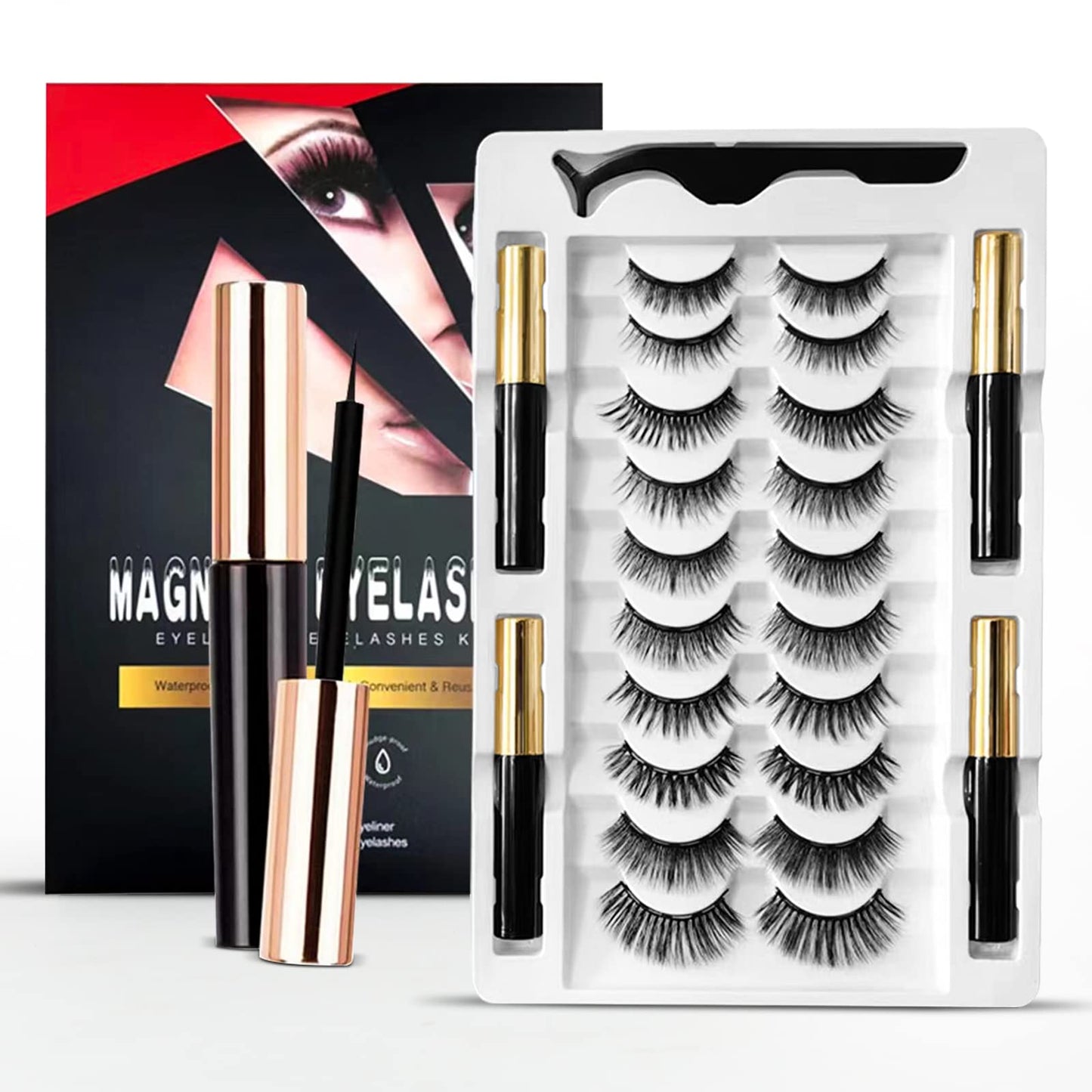 Magnetic Eyelashes, Magnetic Eyelashes Natural Look, 10 Pairs Reusable Eye Lashes 4 Tubes of Eyeliner with Tweezer
