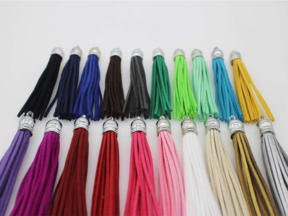 PAMIR TONG 100pcs Faux Suede Leather Bulk Sets Tassels for Decorations, Key Chain, Earring, Cellphone Straps,Jewelry Accessories,DIY Craft (Silver, Keychain)
