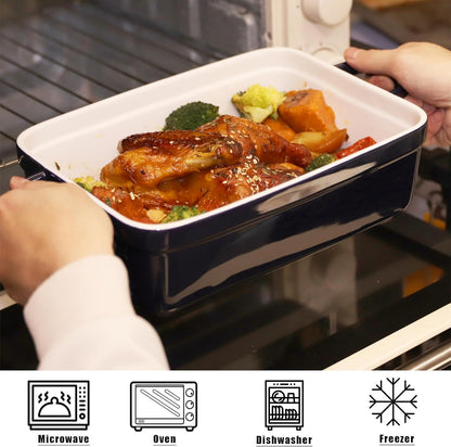 Skiennix Baking Pan - Deep Ceramic Lasagna Dish with Handles & Lid | Navy Blue, 3.1 Quarts