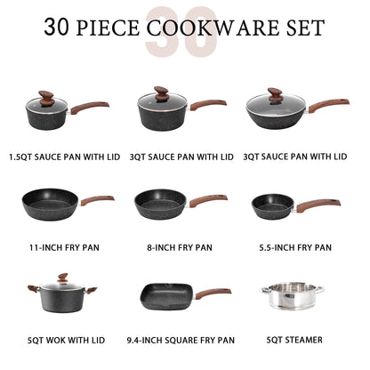 MAISON ARTS 30 Piece Pots and Pans Set Non Stick, Kitchen Cookware & Bakeware Sets with Nonstick Granite Coating, Baking Tray, Frying Pan and Saucepan, Black