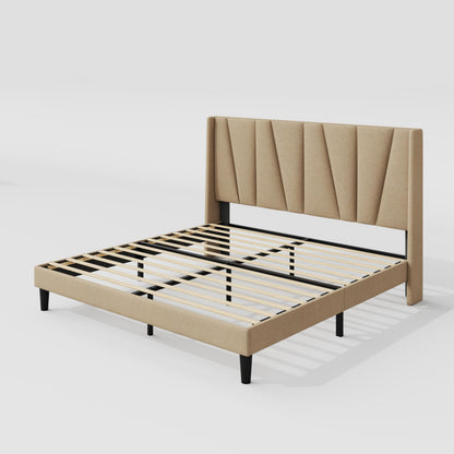 Allewie King Size Platform Bed Frame with Geometric Wingback Headboard, Boho Upholstered Bed with Wooden Slats Support, No Box Spring Needed, Easy Assembly, Beige