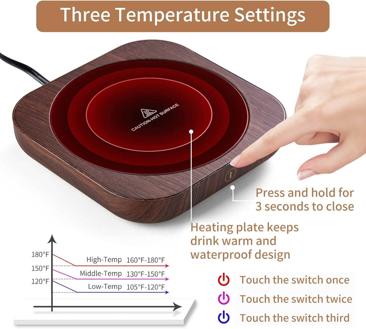 3 Settings, 54-Inch Coffee Mug Warmer with Auto Shut Off, Temperature Brown Wood Grain Design, Electric Beverage Heater