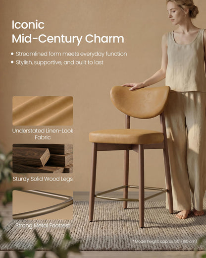 VASAGLE Wooden Bar Stools Set of 4, Upholstered Counter Height Barstools with Solid Wood Legs, Ergonomic Backrest, Mid Century Modern, for Kitchen Island, Synthetic Leather, Caramel Brown