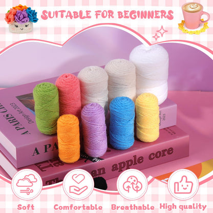 Hssugi Crochet Kit for Beginners, 6PCS Crochet Starter Kit, Potted Plant Coasters Crochet Kit with Step-by-Step Video Tutorials, Crochet Hooks, Learn to Crochet Kits for Adult Beginners