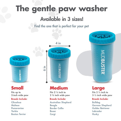 Dexas MudBuster Medium Dog Paw Cleaner in Blue - Fits 1.5"-2.5" Wide Paws, Portable Paw Washer for Muddy Paws, Dog Paw Cleaning Cup with Gentle Silicone Bristles, Quick Clean Pet Paw Washer