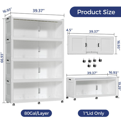 QAVAHIDUS 1280QT Storage Bins with Lid Extra Large Stackable Closet Organizer Plastic Container Box, 320Gal 4-Tier Collapsible Cabinet with Wheels and Doors for Living Room Kitchen Office Dorm, White