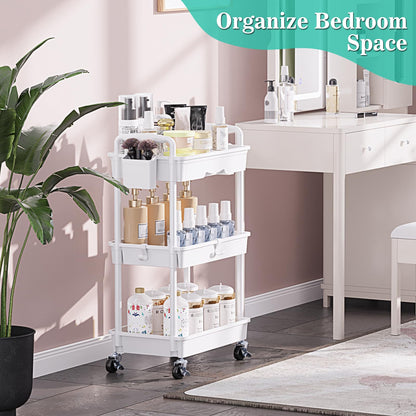 SUNALLY 3 Tier Rolling Cart with Drawer, Bathroom Storage Organizer with 2 Lockable Wheels, Multifunctional Rolling Storage Cart for Bathroom, Kitchen, Office, Craft, Makeup, Baby Essentials, White