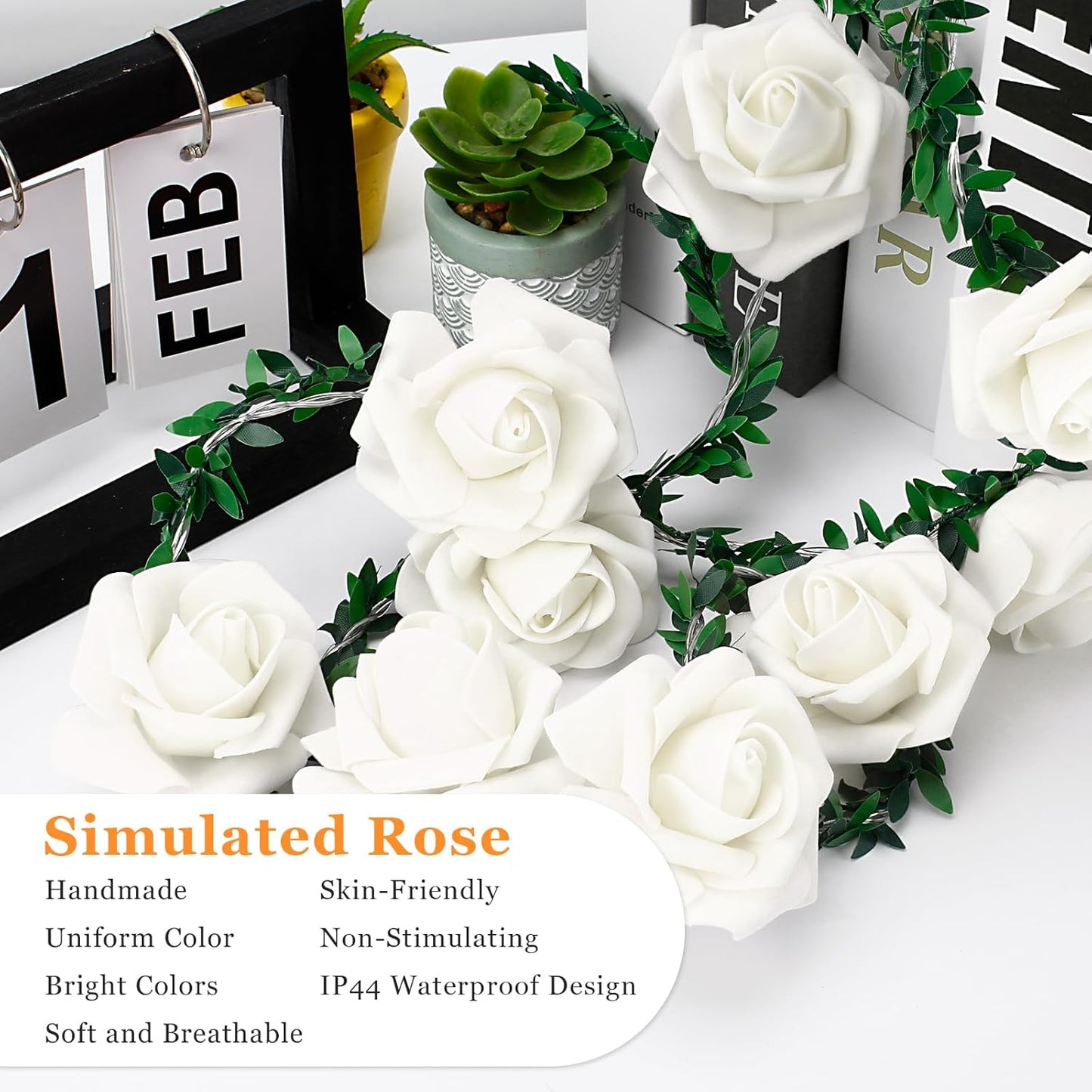 20LED 10Ft VIPMOON Artificial Rose Flower String Lights, Flower Fairy Light Battery Operated with Remote Control, Warm