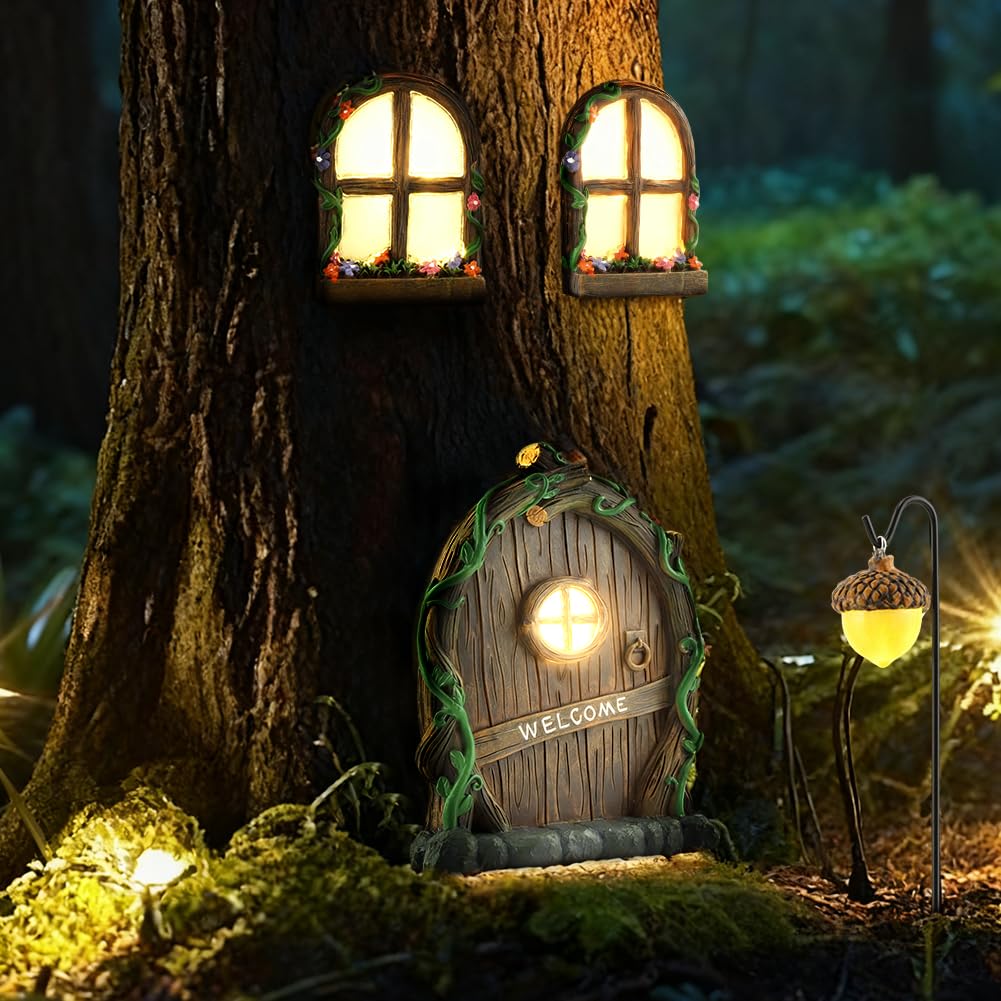 NOVYQREN Miniature Fairy Door and Windows Garden Kit Accessories,Glow in The Dark Fairy Door Windows Yard Art Sculpture Decoration Garden Decor(Wood)